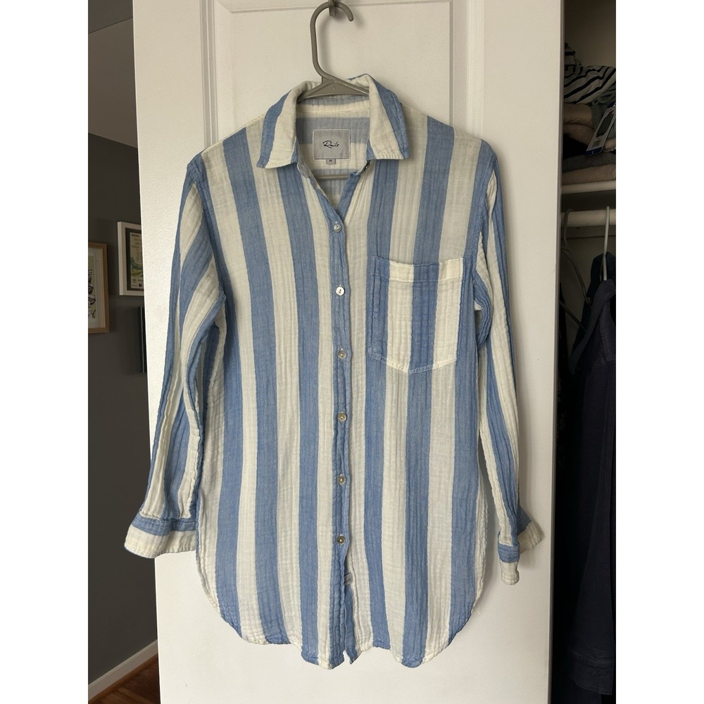 Rails Jaylin Stripe  Button Front Shirt Organic Cotton Gauzy Size XS  Blue White